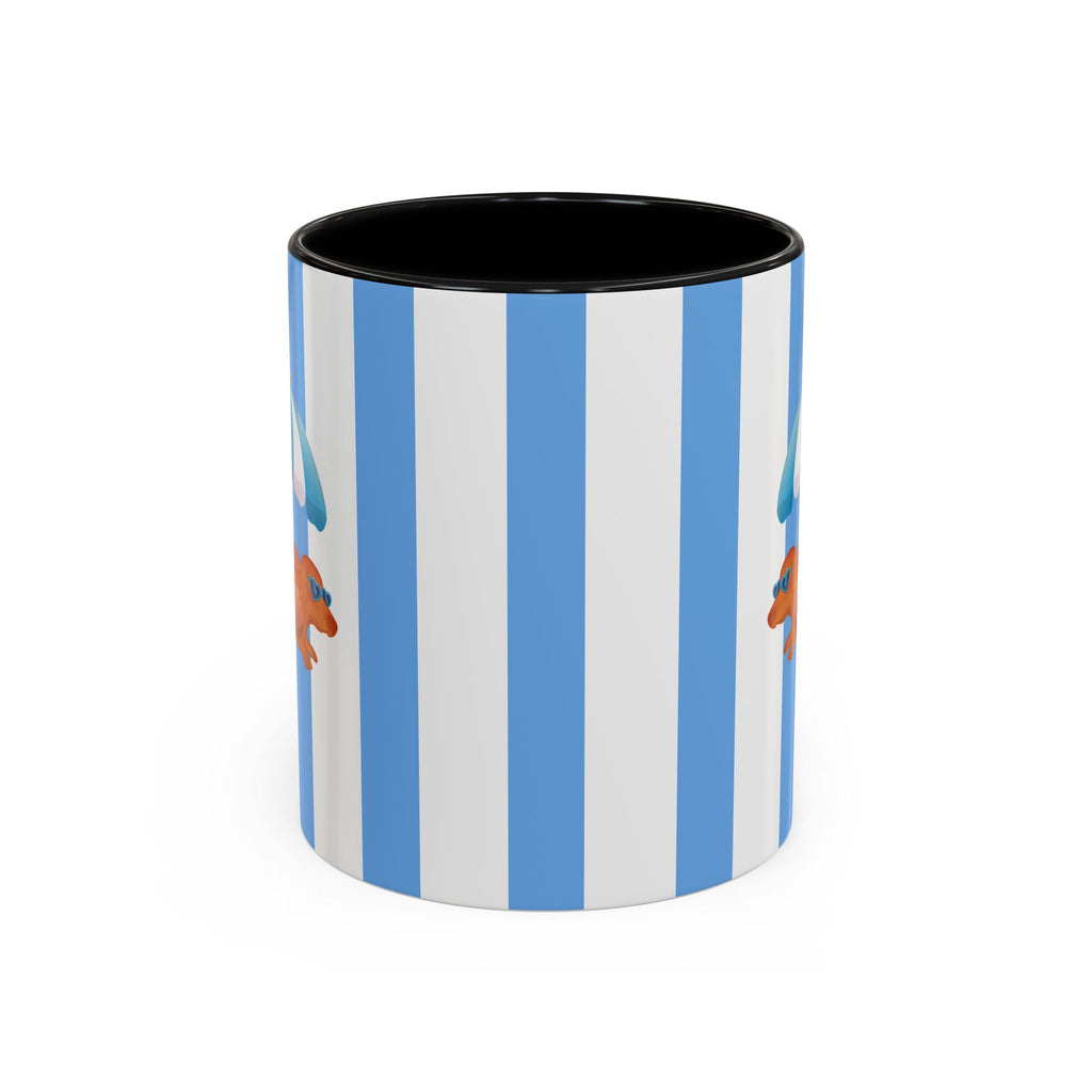 Hot Dog Dachshund Coffee Mug | Cute Wiener Dog with Beach Umbrella on Blue Stripes (11/15oz)