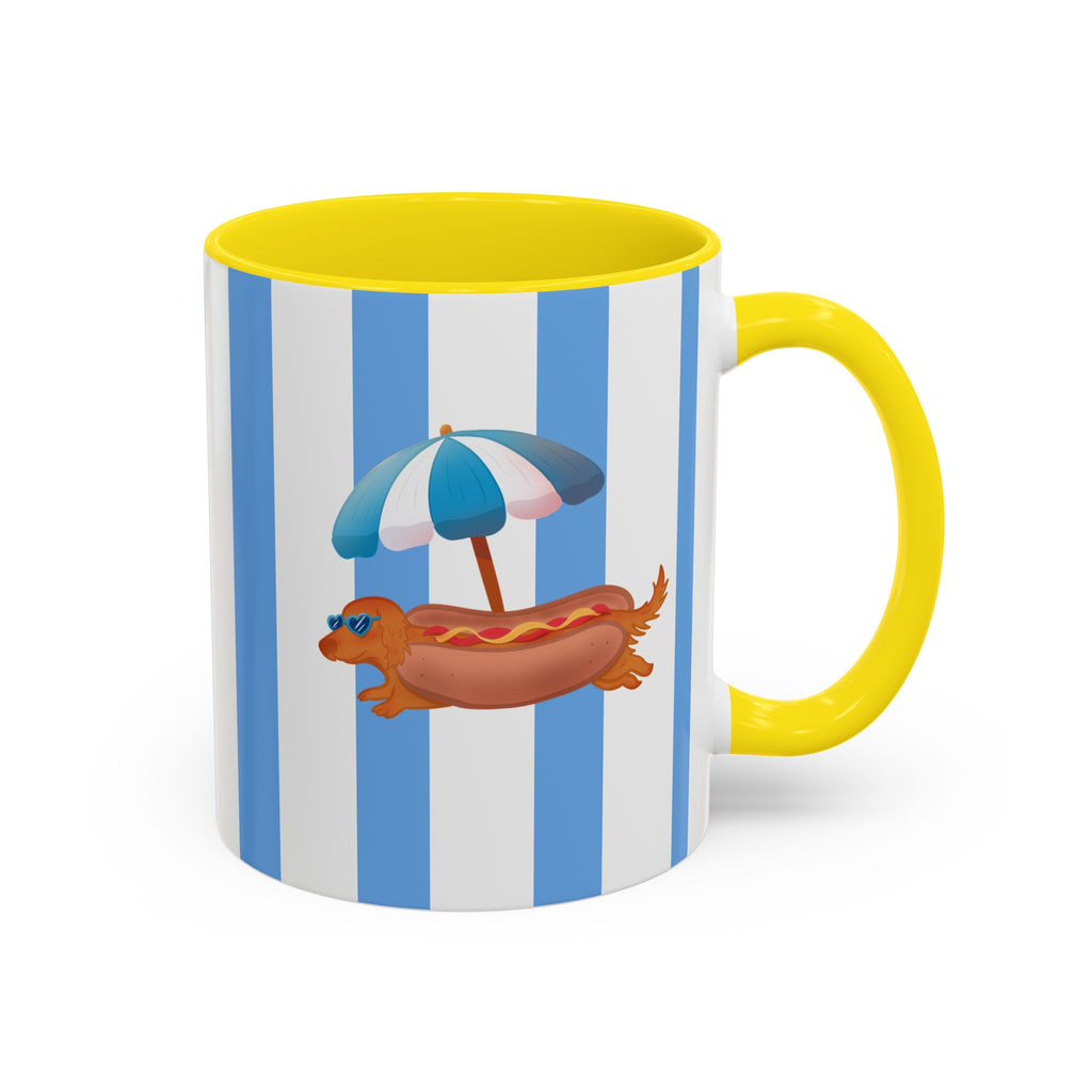 Hot Dog Dachshund Coffee Mug | Cute Wiener Dog with Beach Umbrella on Blue Stripes (11/15oz)