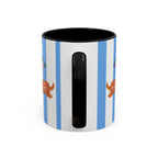 Hot Dog Dachshund Coffee Mug | Cute Wiener Dog with Beach Umbrella on Blue Stripes (11/15oz)