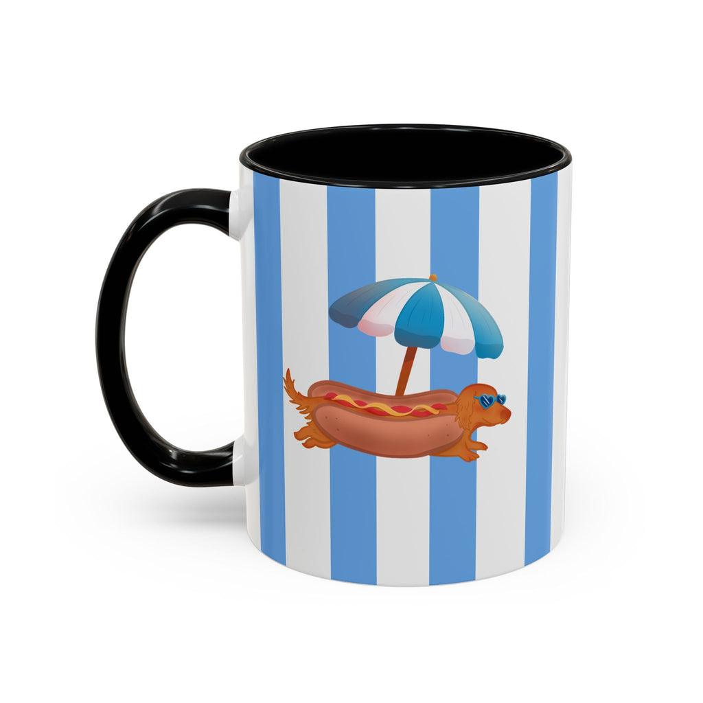 Hot Dog Dachshund Coffee Mug | Cute Wiener Dog with Beach Umbrella on Blue Stripes (11/15oz)