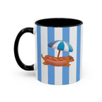 Hot Dog Dachshund Coffee Mug | Cute Wiener Dog with Beach Umbrella on Blue Stripes (11/15oz)