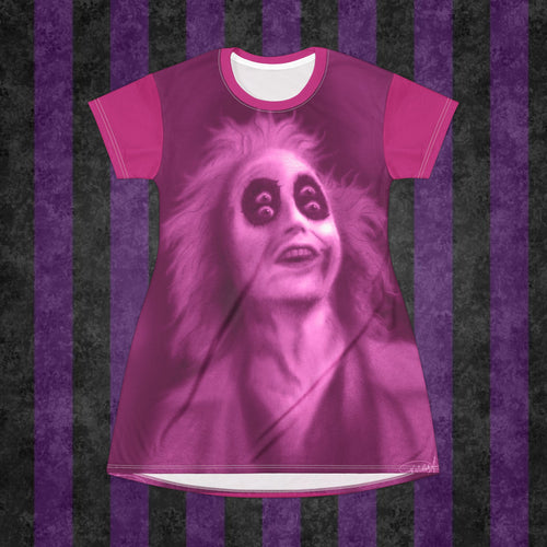 Gothic Beetlejuice Portrait T-Shirt Dress — Pink Haunted Movie Art