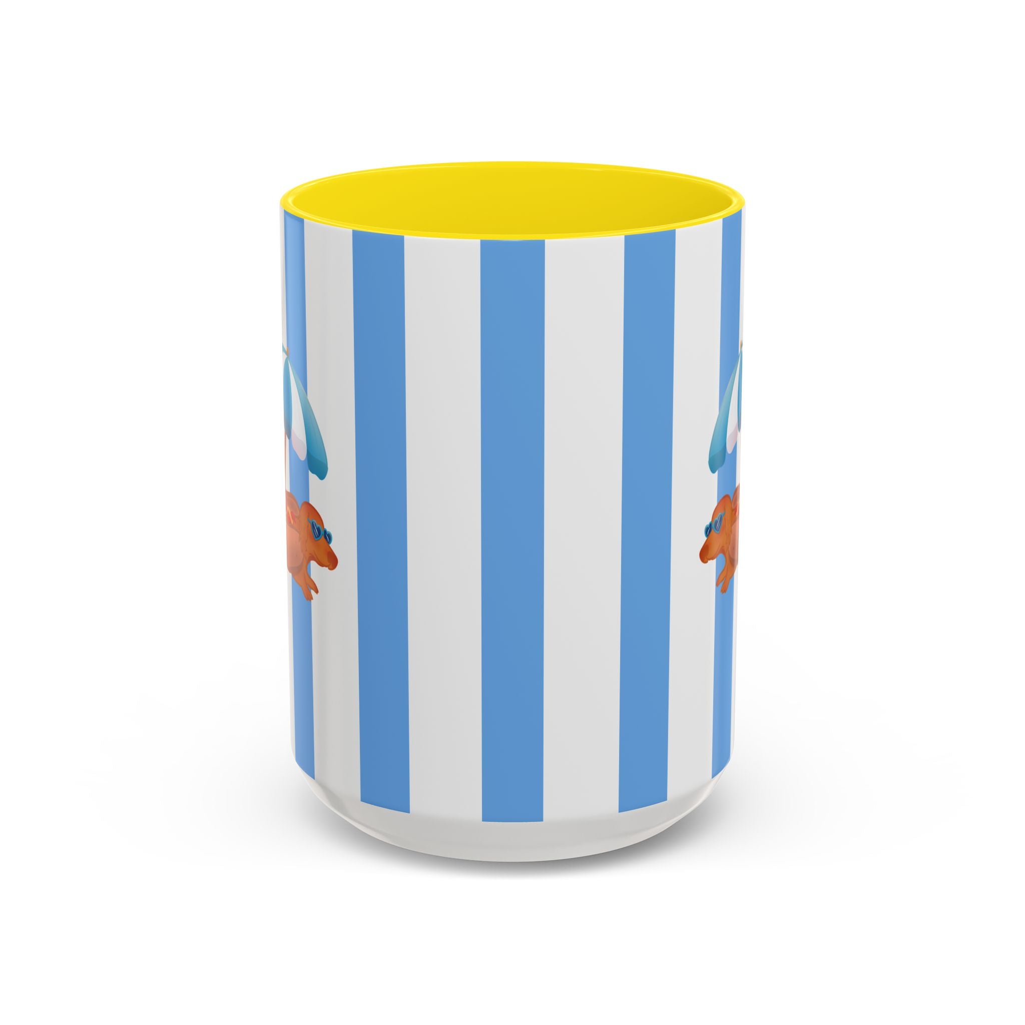 Hot Dog Dachshund Coffee Mug | Cute Wiener Dog with Beach Umbrella on Blue Stripes (11/15oz)