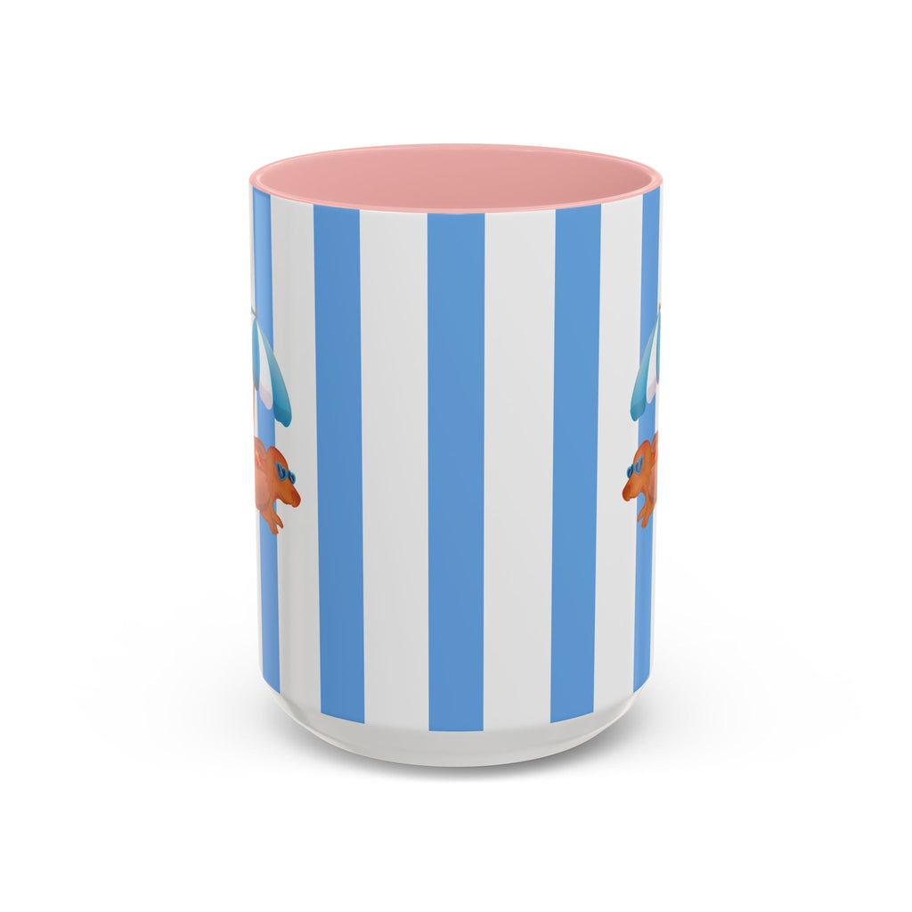 Hot Dog Dachshund Coffee Mug | Cute Wiener Dog with Beach Umbrella on Blue Stripes (11/15oz)
