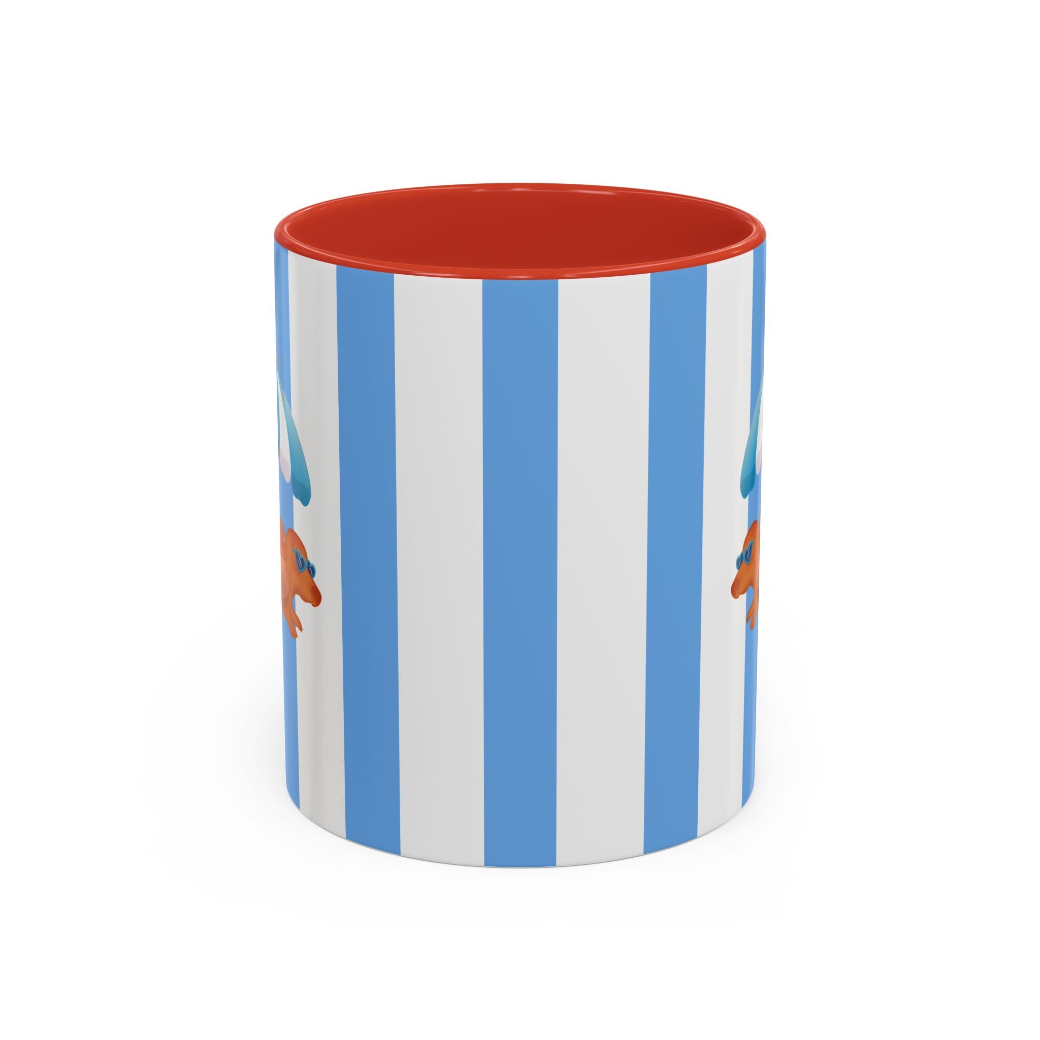 Hot Dog Dachshund Coffee Mug | Cute Wiener Dog with Beach Umbrella on Blue Stripes (11/15oz)