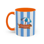Hot Dog Dachshund Coffee Mug | Cute Wiener Dog with Beach Umbrella on Blue Stripes (11/15oz)
