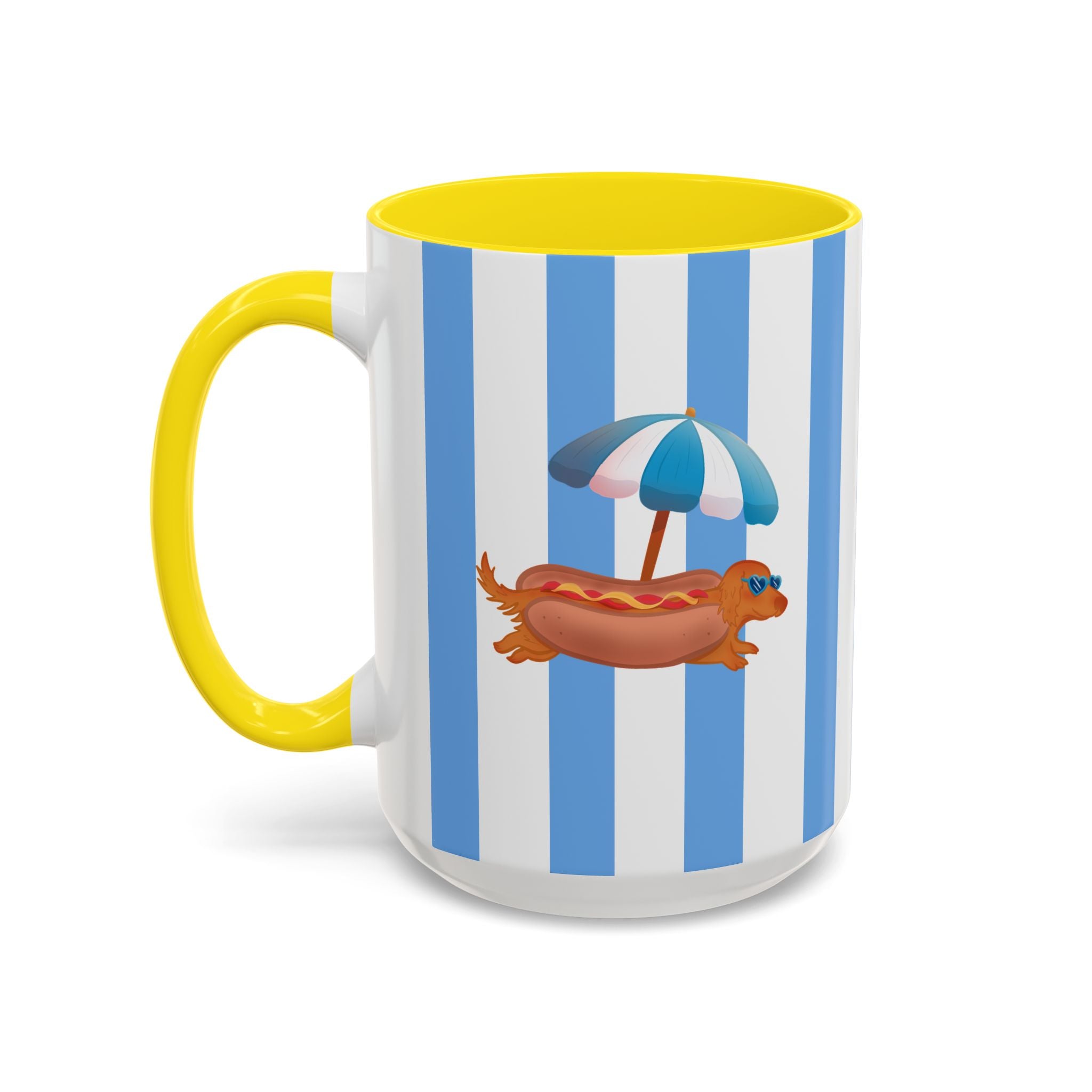 Hot Dog Dachshund Coffee Mug | Cute Wiener Dog with Beach Umbrella on Blue Stripes (11/15oz)