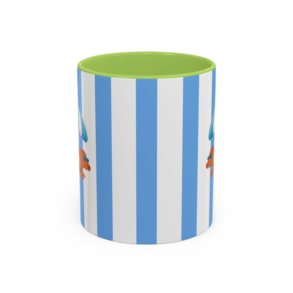 Hot Dog Dachshund Coffee Mug | Cute Wiener Dog with Beach Umbrella on Blue Stripes (11/15oz)