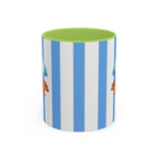 Hot Dog Dachshund Coffee Mug | Cute Wiener Dog with Beach Umbrella on Blue Stripes (11/15oz)