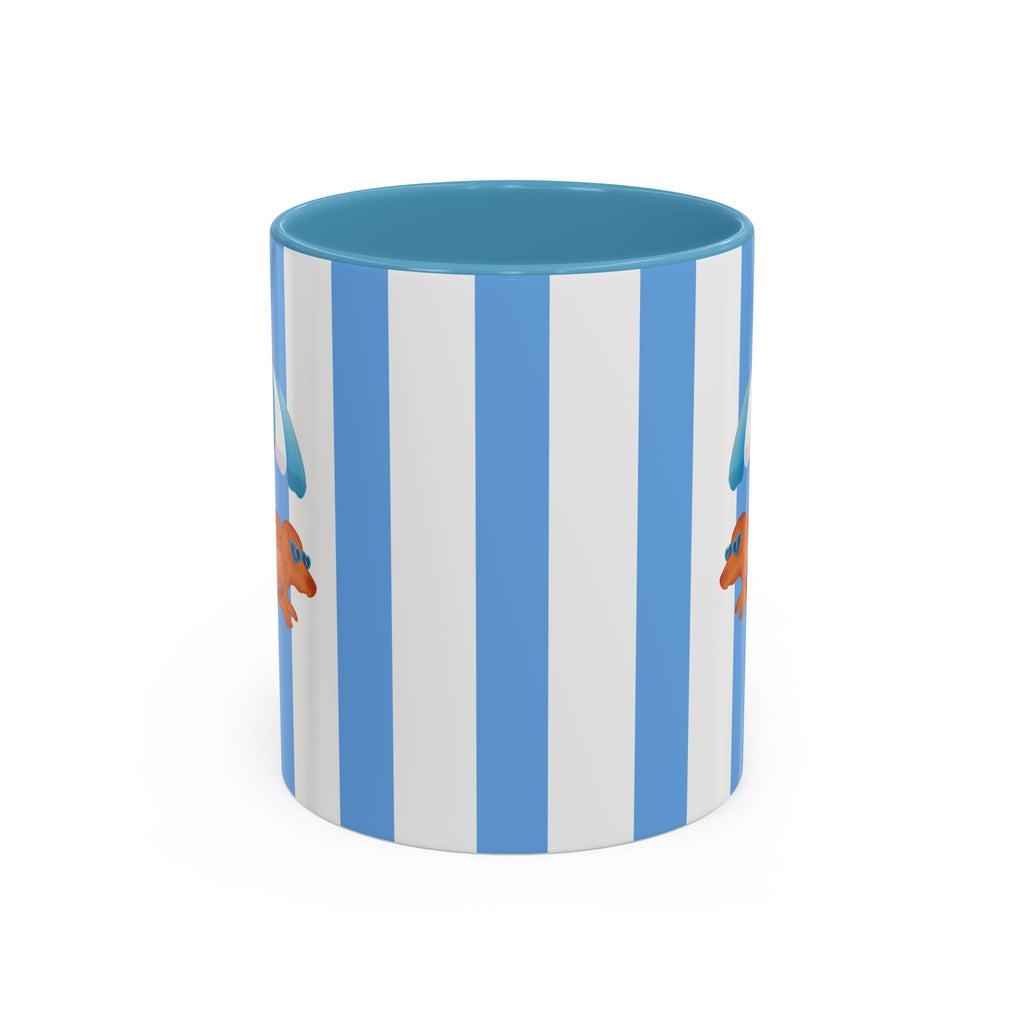 Hot Dog Dachshund Coffee Mug | Cute Wiener Dog with Beach Umbrella on Blue Stripes (11/15oz)
