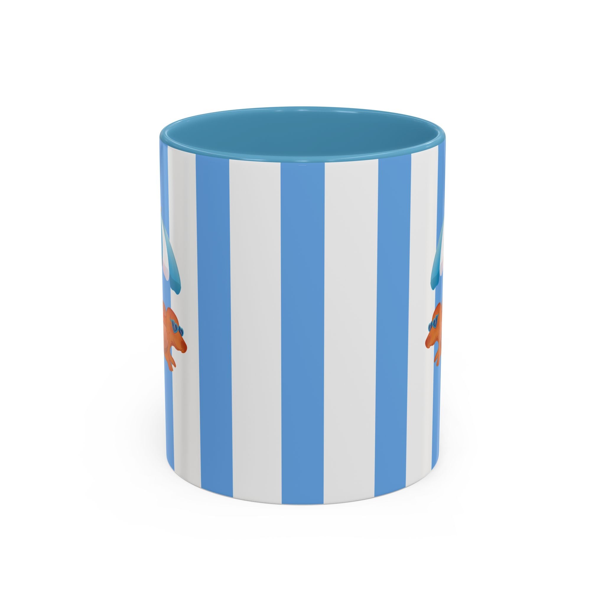 Hot Dog Dachshund Coffee Mug | Cute Wiener Dog with Beach Umbrella on Blue Stripes (11/15oz)