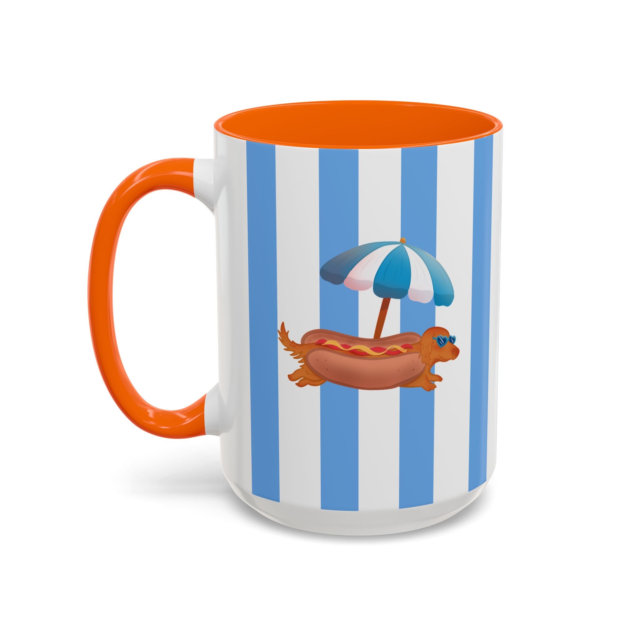 Hot Dog Dachshund Coffee Mug | Cute Wiener Dog with Beach Umbrella on Blue Stripes (11/15oz)