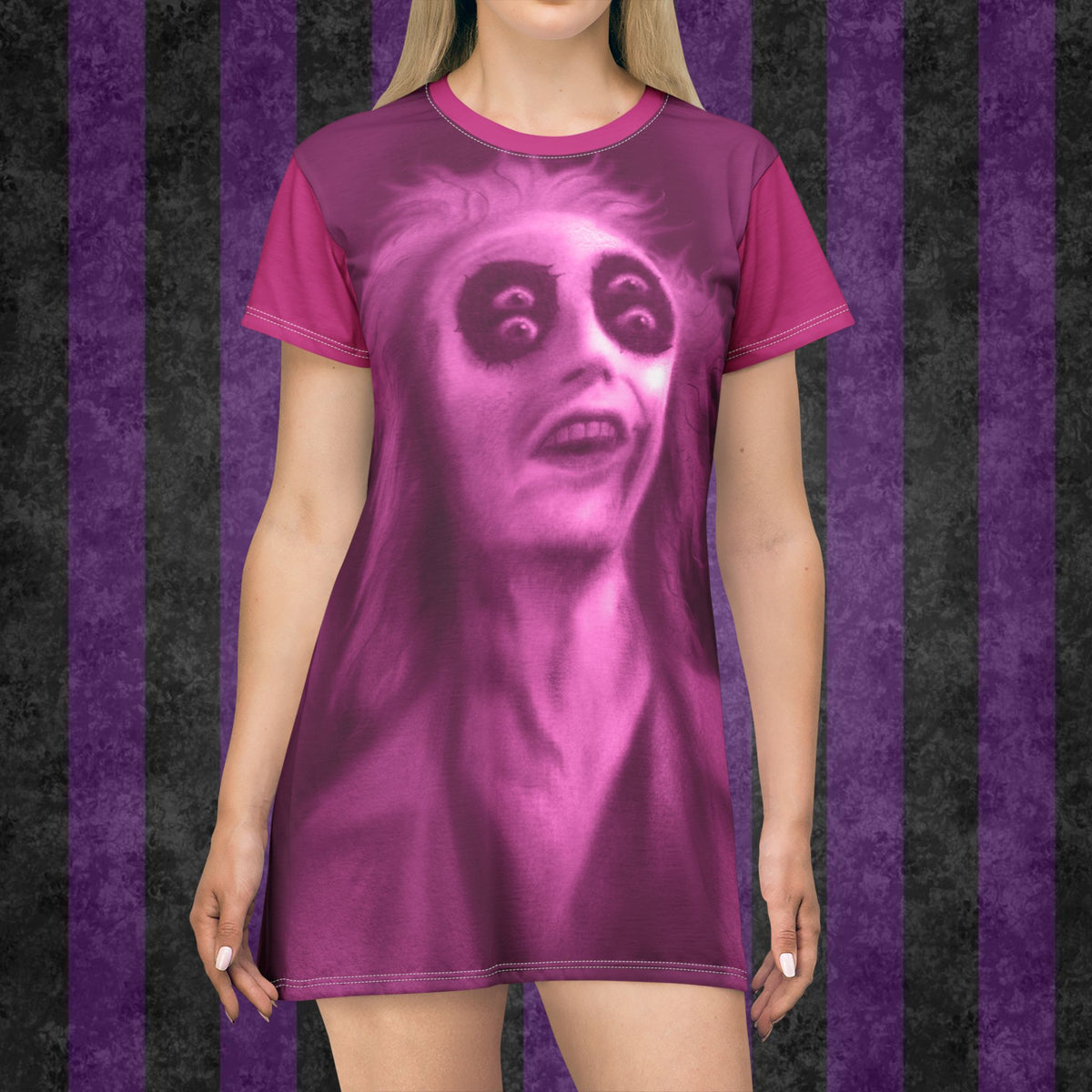 Gothic Beetlejuice Portrait T-Shirt Dress — Pink Haunted Movie Art