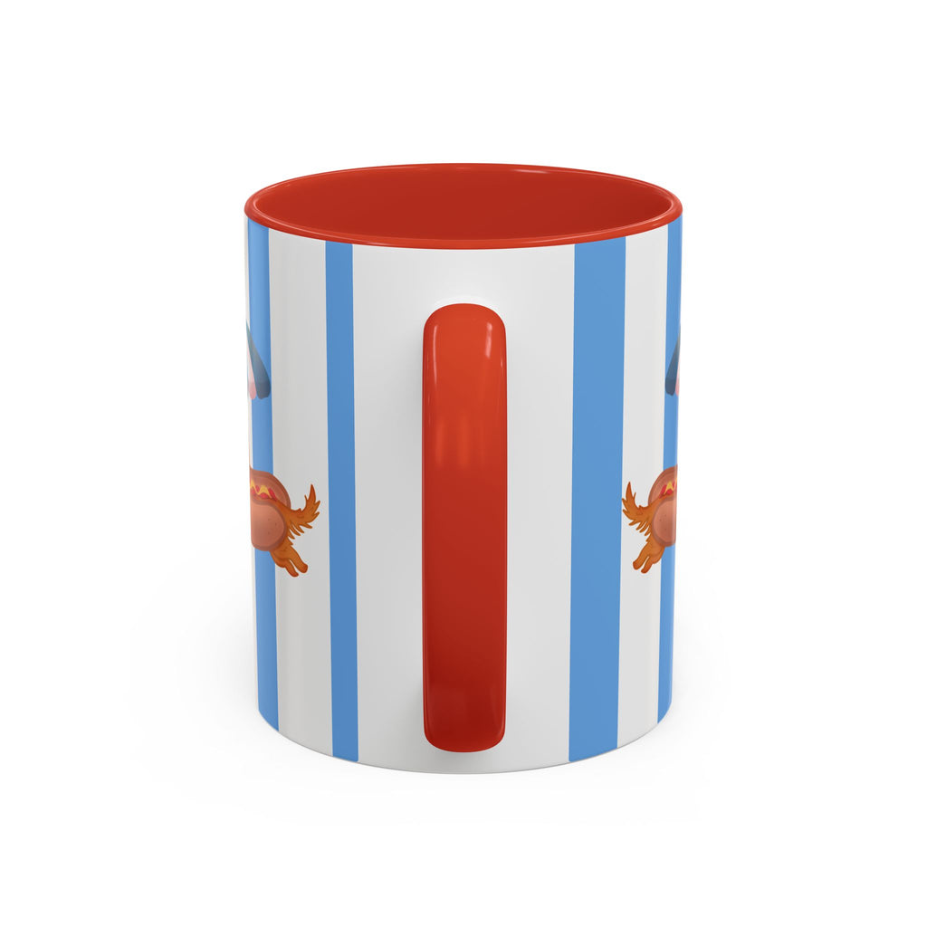 Hot Dog Dachshund Coffee Mug | Cute Wiener Dog with Beach Umbrella on Blue Stripes (11/15oz)