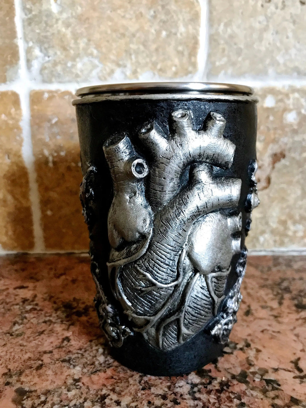 Anatomical Heart Mug, Hand Sculpted Resin Gothic Art Mug with Stainless Steel Liner| Spooky Heart Mug, Halloween Gift and Gothic Home Decor
