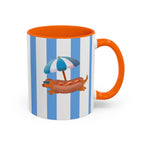 Hot Dog Dachshund Coffee Mug | Cute Wiener Dog with Beach Umbrella on Blue Stripes (11/15oz)