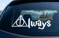 A white vinyl decal featuring the Deathly Hallows symbol and the word 'Always' in gothic lettering, applied to the rear window of a dark car.