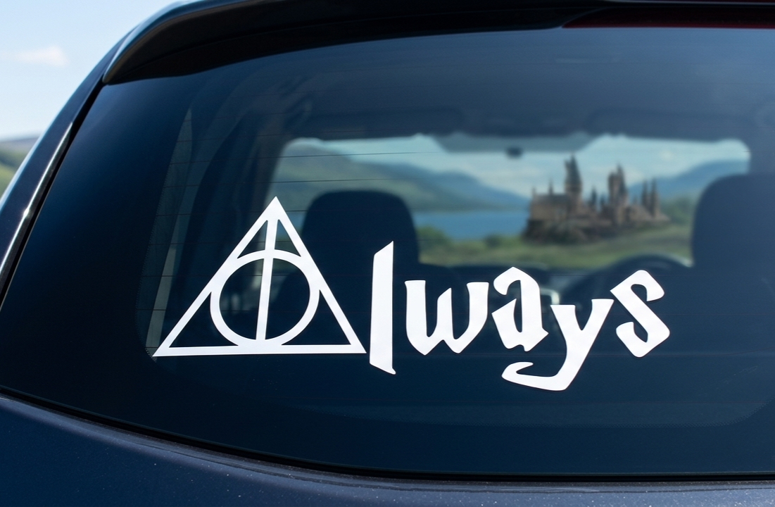 A white vinyl decal featuring the Deathly Hallows symbol and the word 'Always' in gothic lettering, applied to the rear window of a dark car.