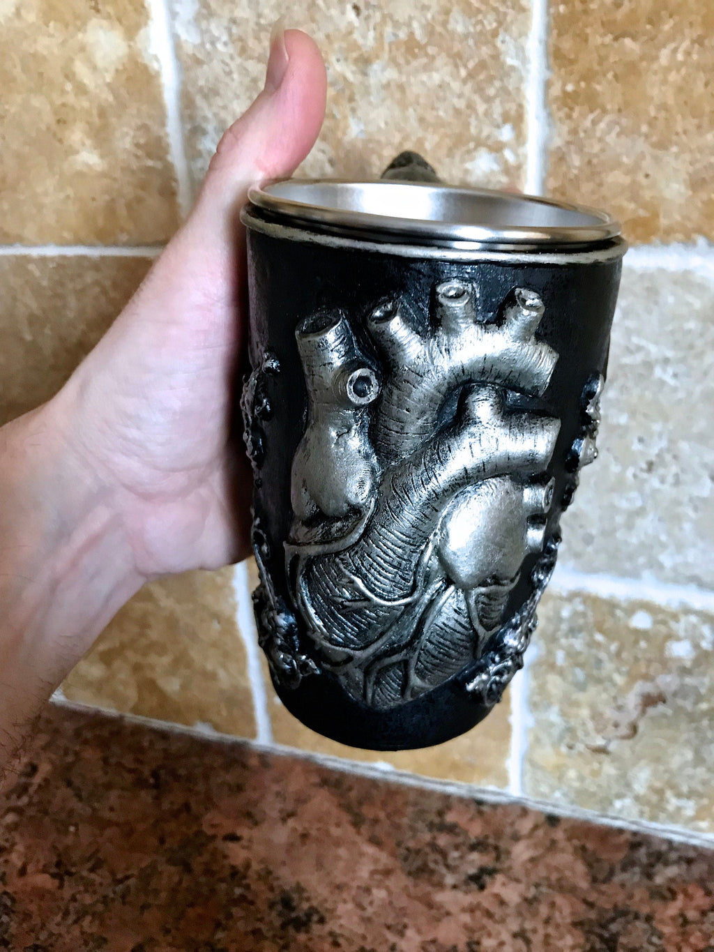 Anatomical Heart Mug, Hand Sculpted Resin Gothic Art Mug with Stainless Steel Liner| Spooky Heart Mug, Halloween Gift and Gothic Home Decor