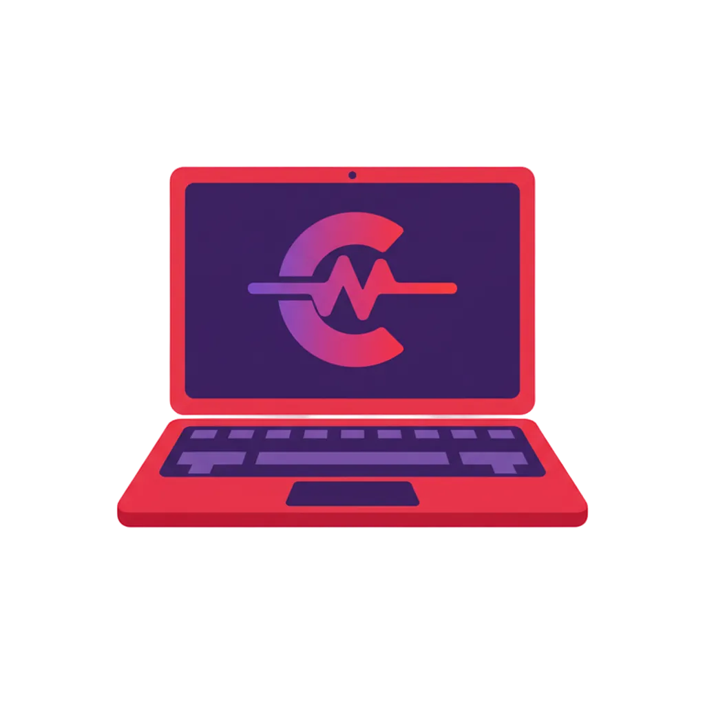 Red laptop with a purple screen displaying a logo on a white background